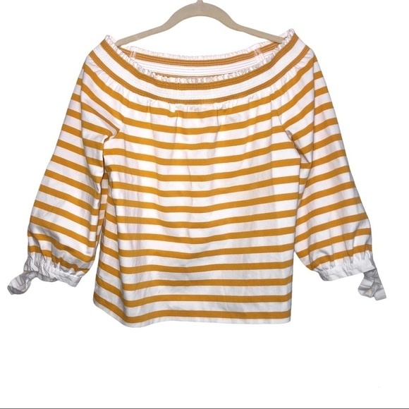J. Crew Yellow & White Striped Off Shoulder Top Size Medium - Picture 1 of 9